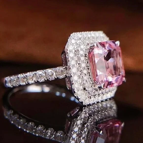 NEW 925 Sterling Silver Pink Diamond Ring Cushion Cut Halo Ring - Picture 4 of 7